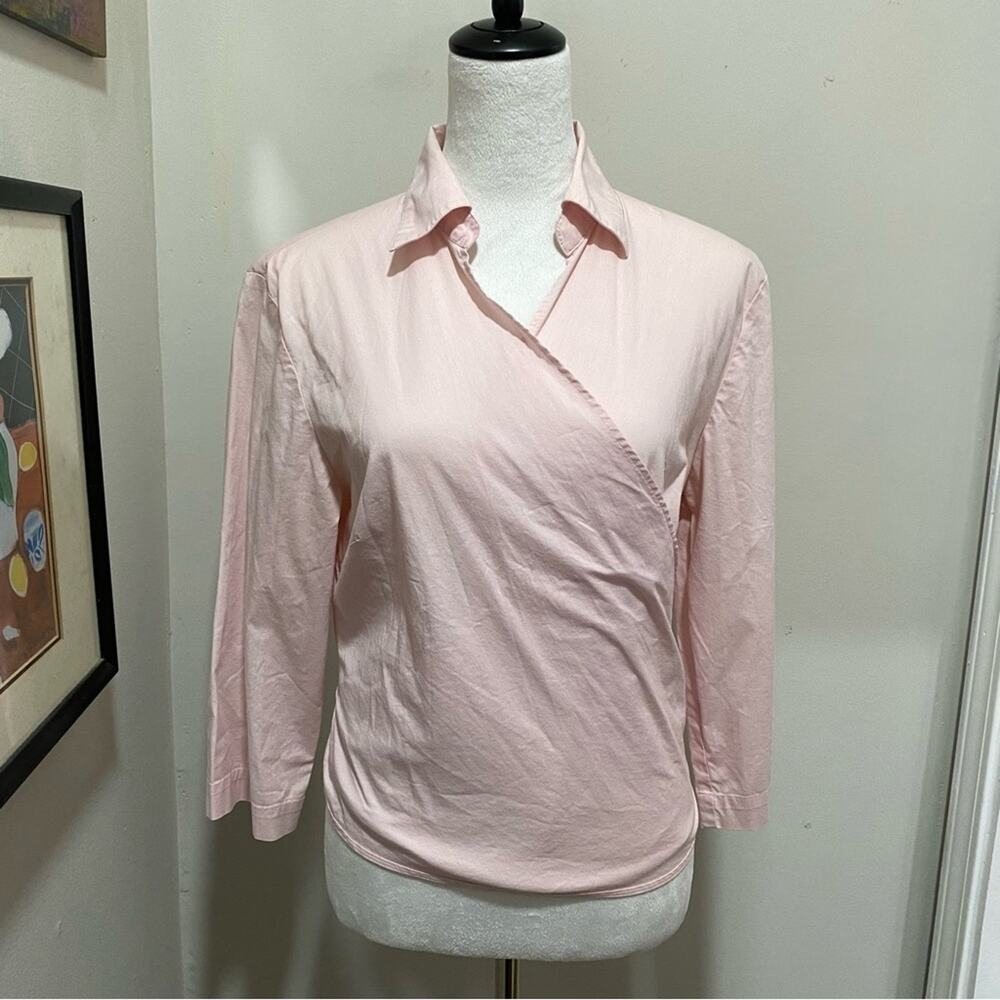 Amari Soft Pink Wrap Top Size 10 Collared Blouse 3/4 Sleeves Cotton Blend